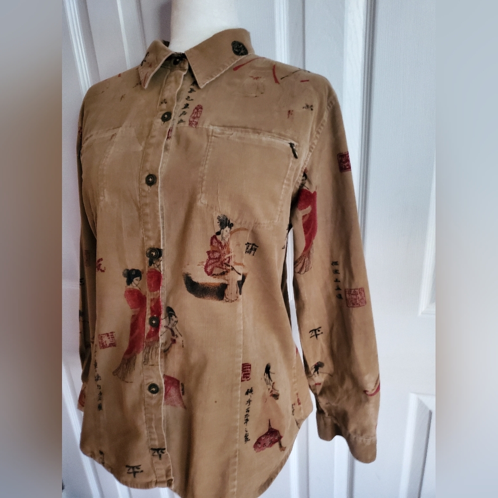 Chico's Corduroy Japanese Geisha Theme Button Down Long Sleeve Point Collar Top